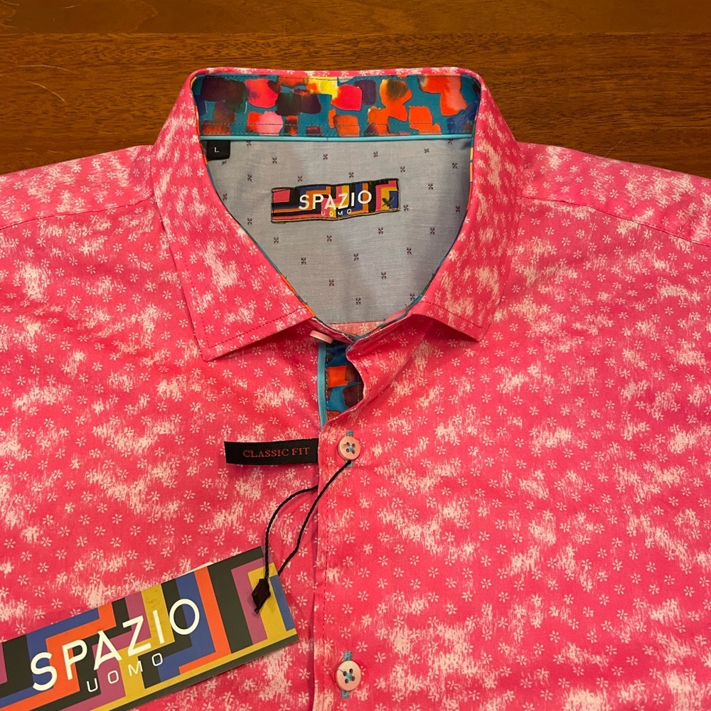 Large NWT Spazio Uomo Pink Short Sleeve Shirt Button Up Crazy Designer